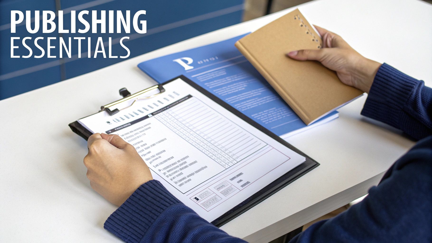 Close-up of a person's hands on a desk, holding a publishing checklist on a clipboard and a notebook.
