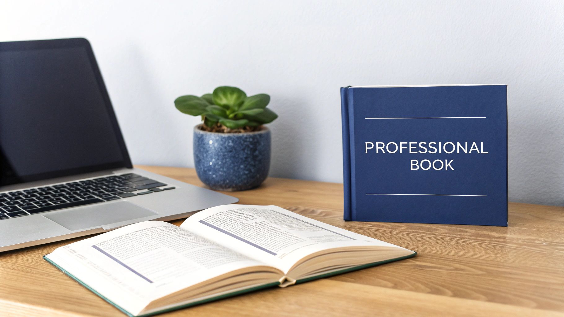 A professional workspace with a laptop, an open book, a potted plant, and a blue book titled 'PROFESSIONAL BOOK' on a wooden desk.