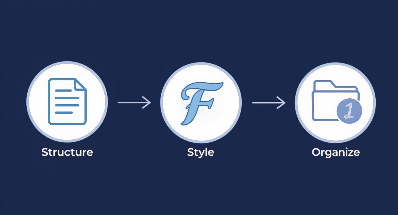 Infographic demonstrating a content creation process from structuring to styling and organizing documents.