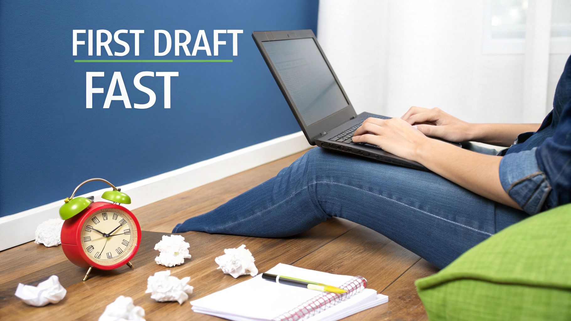 Person typing on a laptop on the floor with an alarm clock and crumpled papers, 'FIRST DRAFT FAST' text.