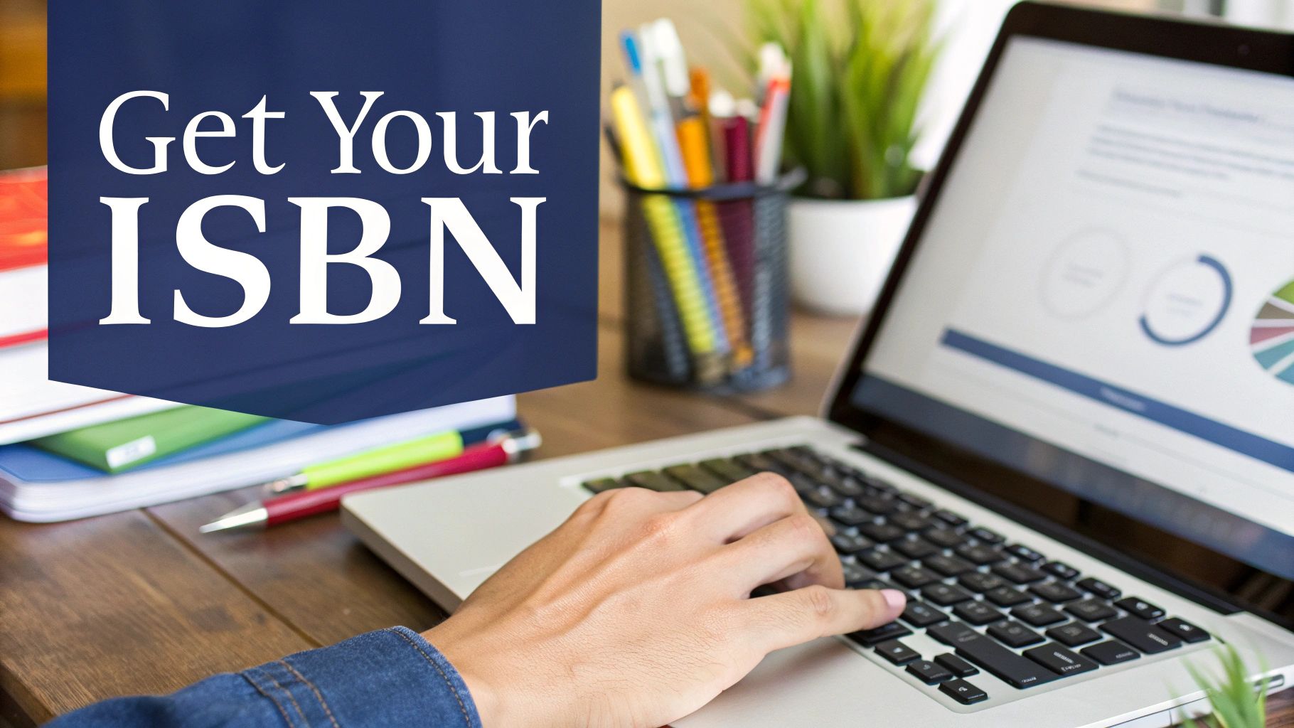 Person typing on a laptop with a blue banner displaying 'Get Your ISBN' on a desk with books.