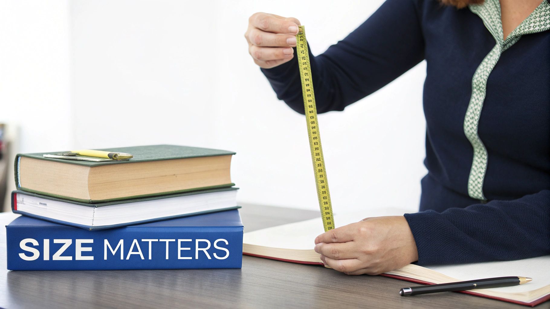 A person uses a yellow tape measure on an open book, next to a stack including one marked 'SIZE MATTERS'.