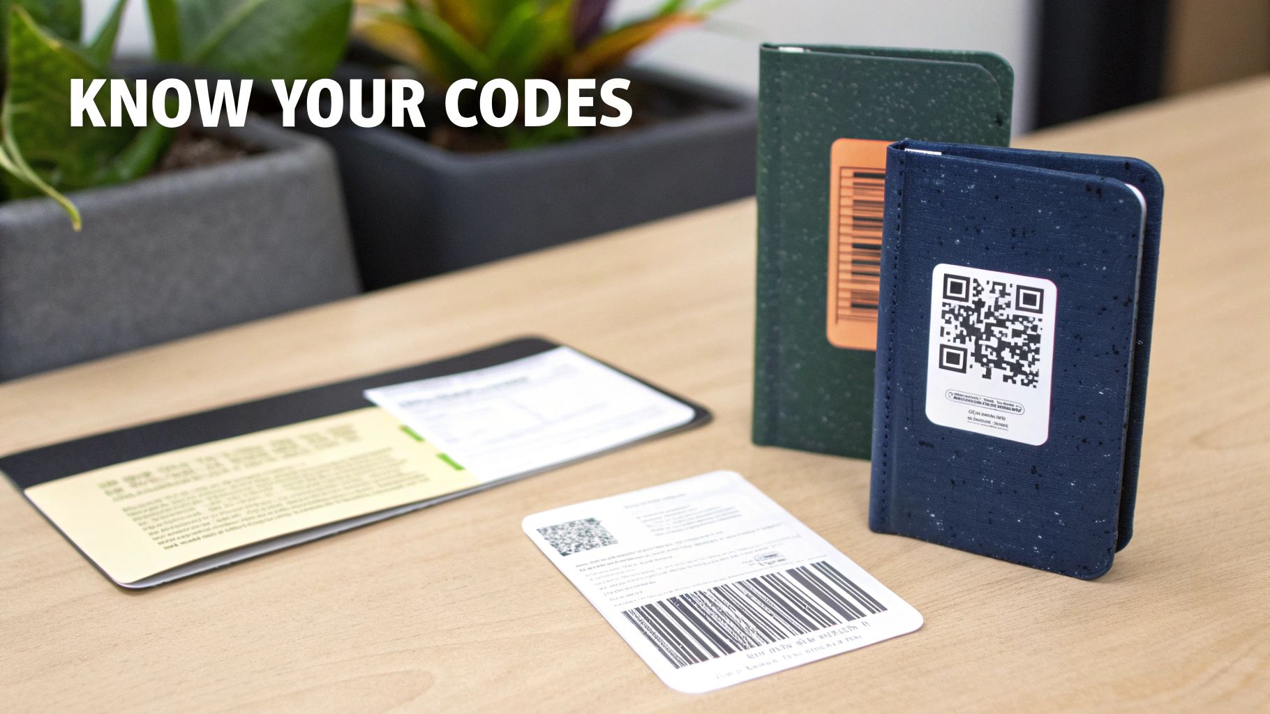 Booklets and cards displaying various barcodes and QR codes on a wooden desk, with the text 'KNOW YOUR CODES'.