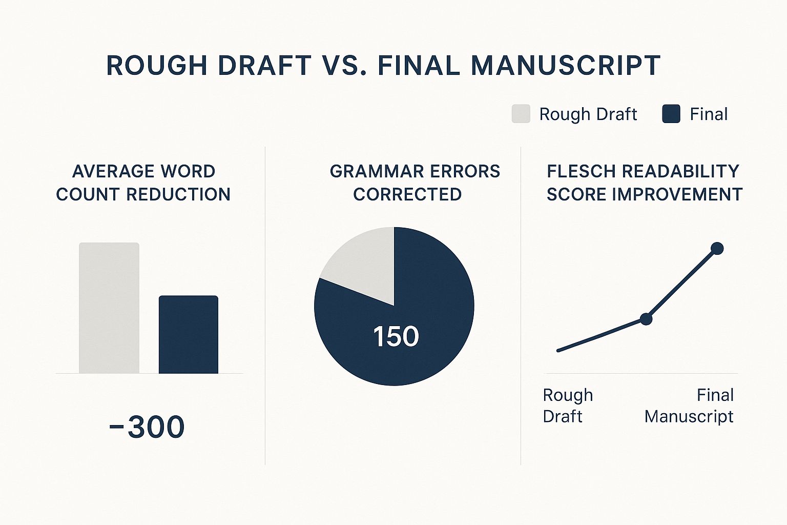 Infographic showing the difference between a rough draft and a final manuscript, with data on word count reduction, grammar errors corrected, and readability score improvement.