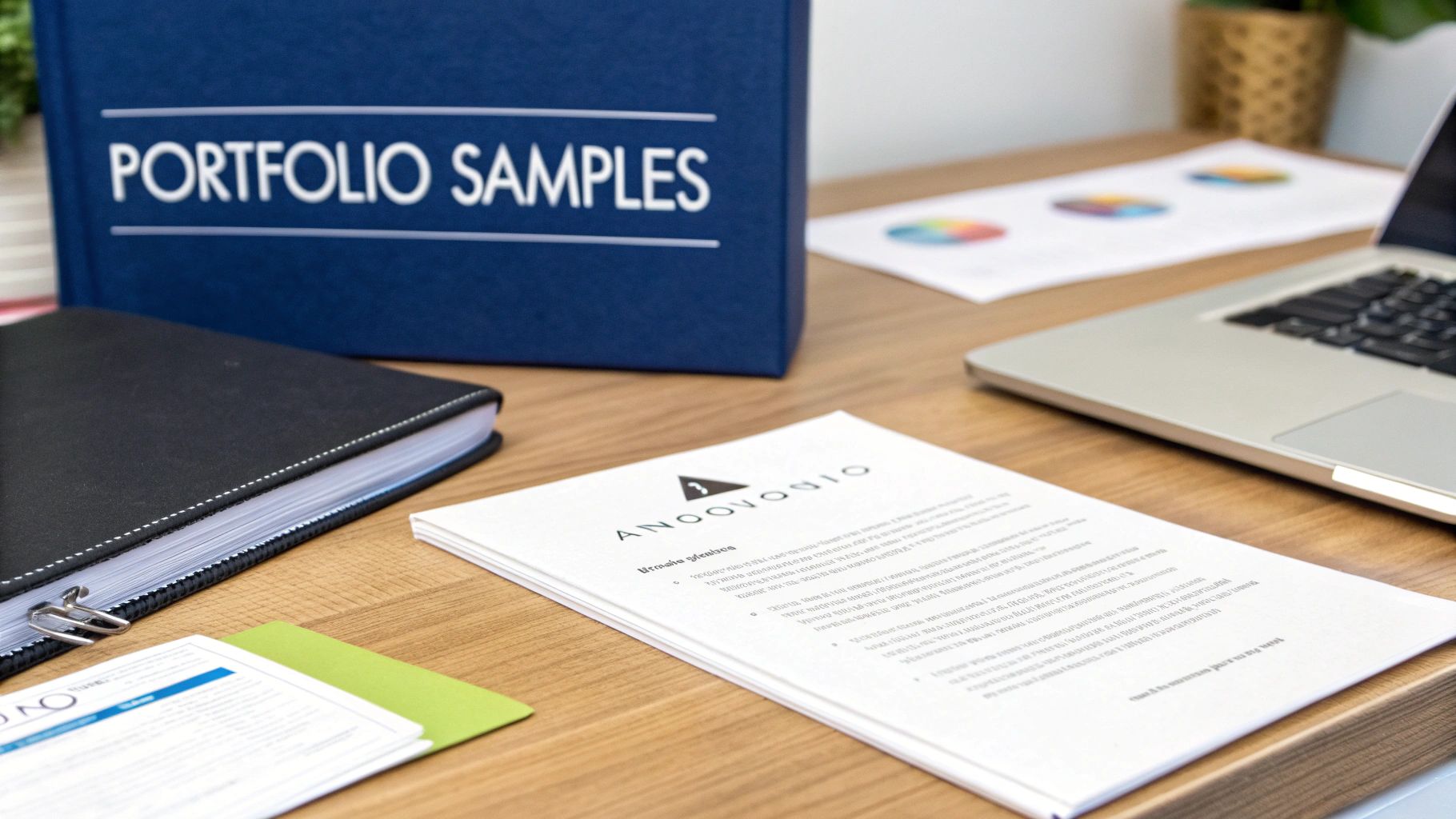 A professional desk setup with a "PORTFOLIO SAMPLES" box, laptop, and documents.
