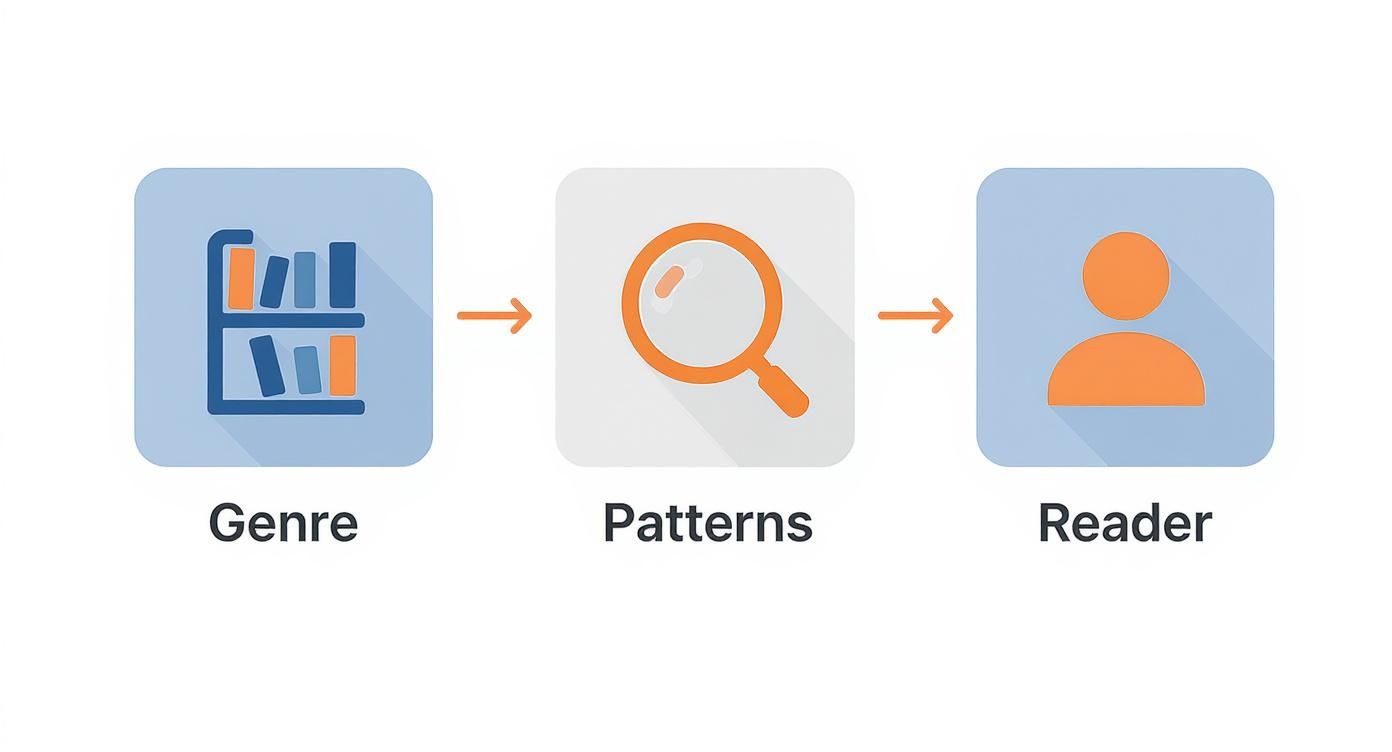 Infographic demonstrating how genre and patterns are analyzed to understand a reader.