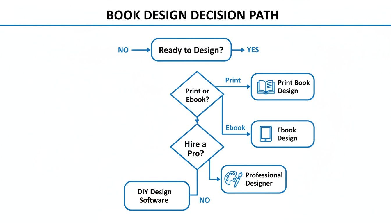A flowchart illustrates the book design decision path, outlining choices for print, ebook, DIY software, or professional designers.