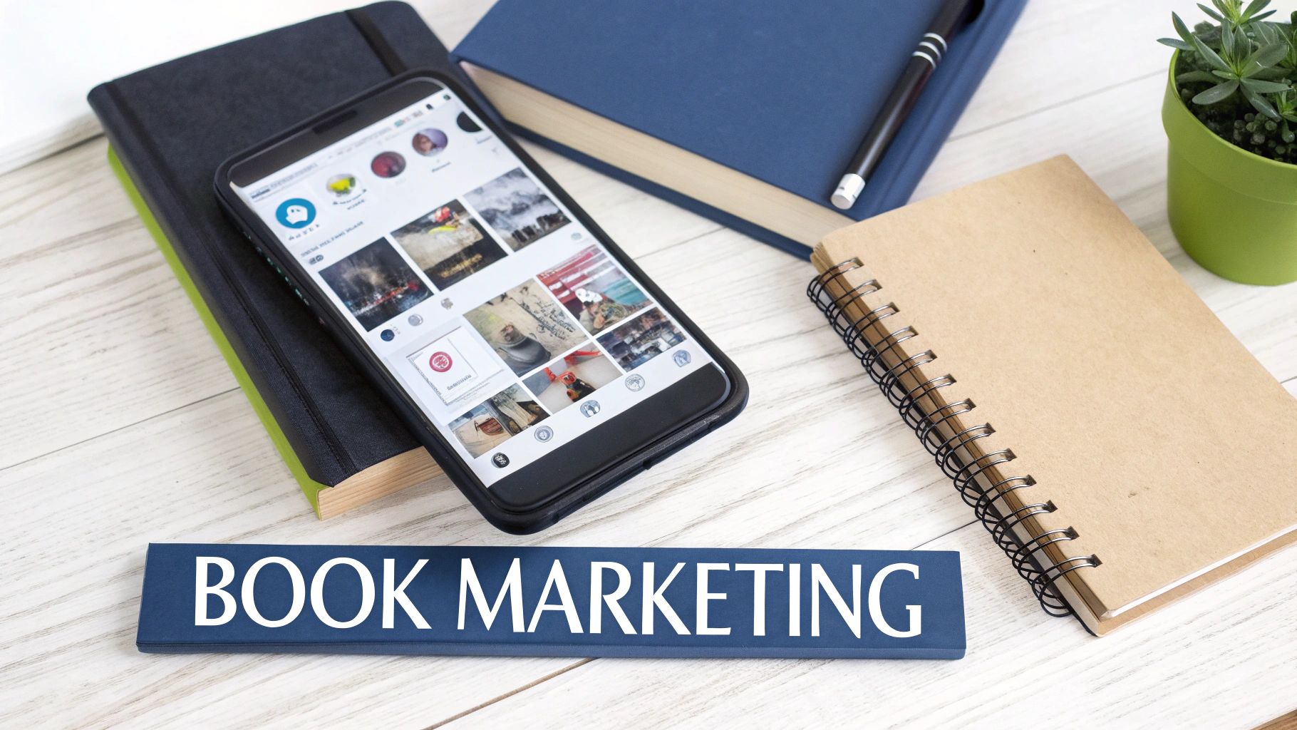 Overhead view of a phone displaying social media, notebooks, and a 'BOOK MARKETING' sign on a white desk.