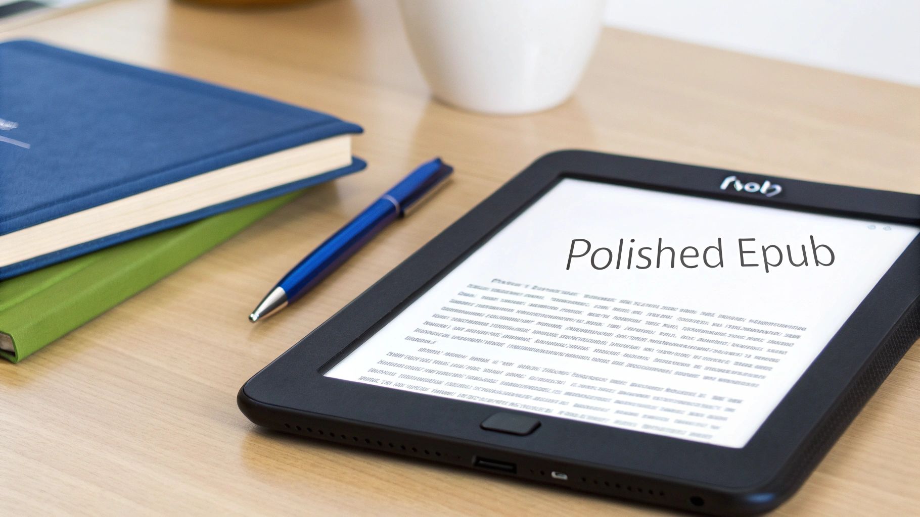 E-reader displaying polished epub text on wooden desk with notebooks and pen