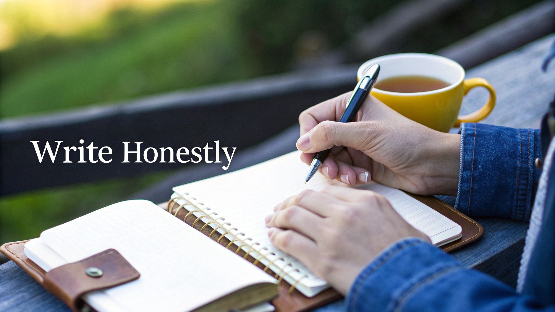 A person in a denim jacket writes honestly in a spiral-bound notebook with a pen, next to a yellow tea mug.