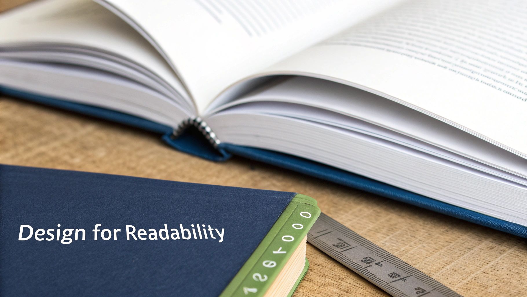 An open book and a closed 'Design for Readability' book with a ruler on a wooden table.