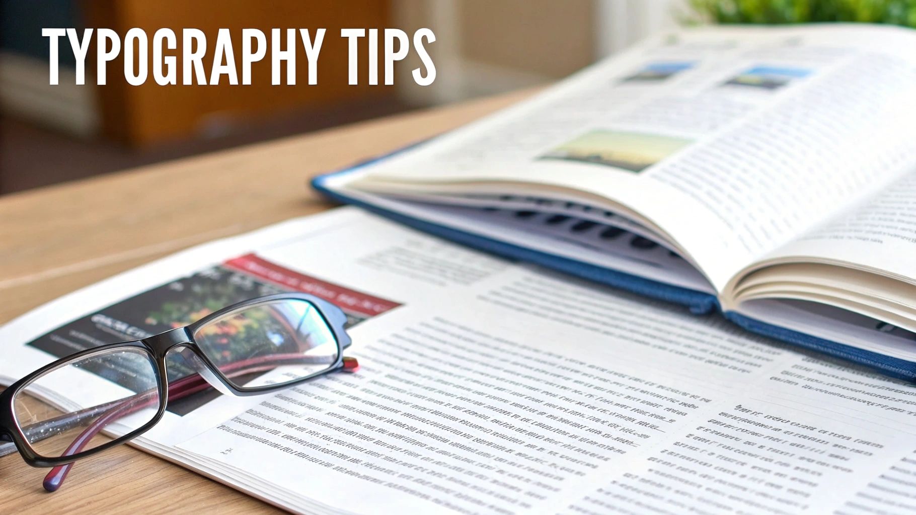 Open books and reading glasses on a wooden table with 'TYPOGRAPHY TIPS' overlay.