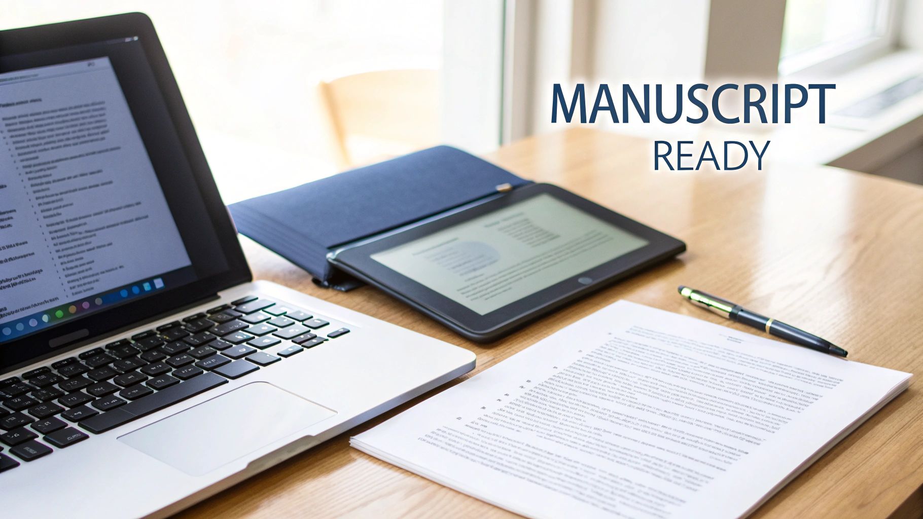 A laptop, tablet, papers, and pen on a wooden desk with 'MANUSCRIPT READY' text.