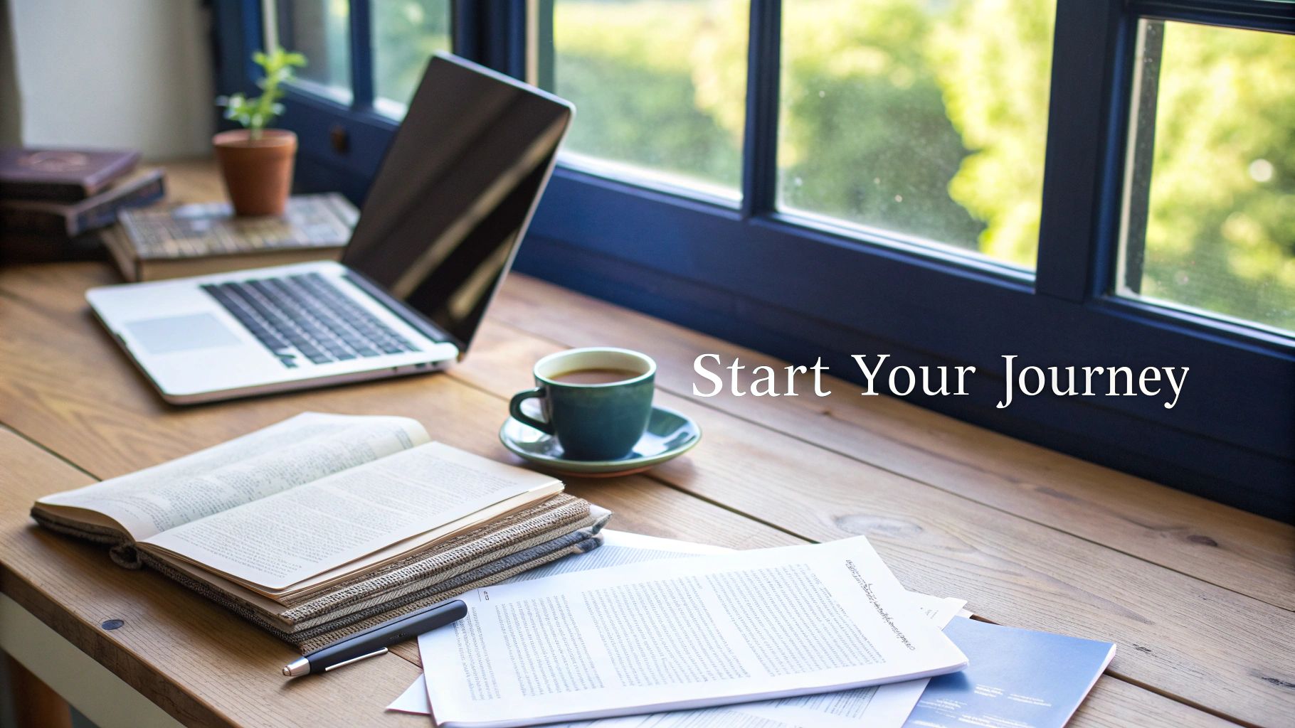 A cozy desk with a laptop, open books, papers, coffee, and a pen by a window.