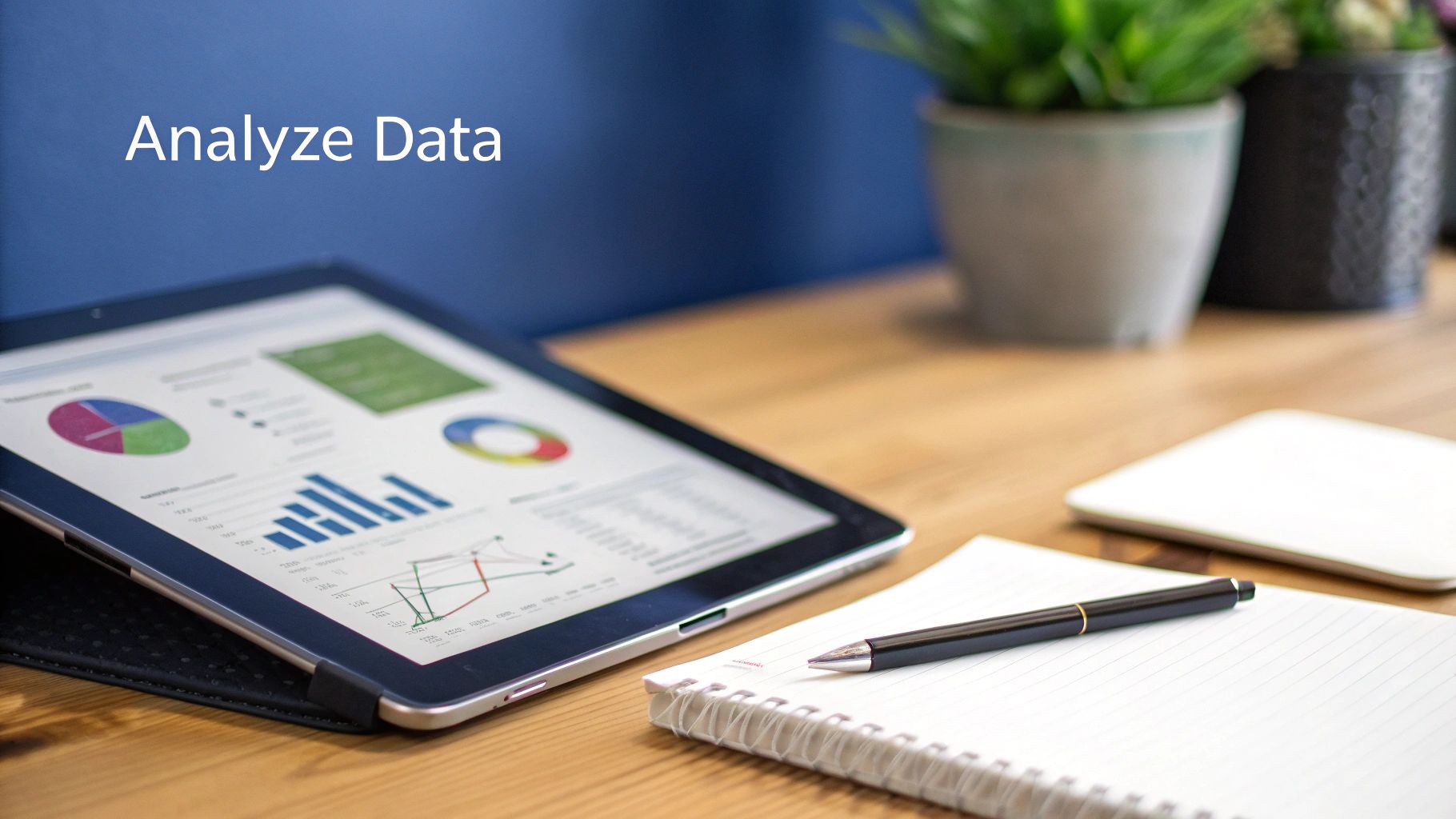 A tablet displaying data analysis charts and graphs next to a notebook and pen on a wooden desk.