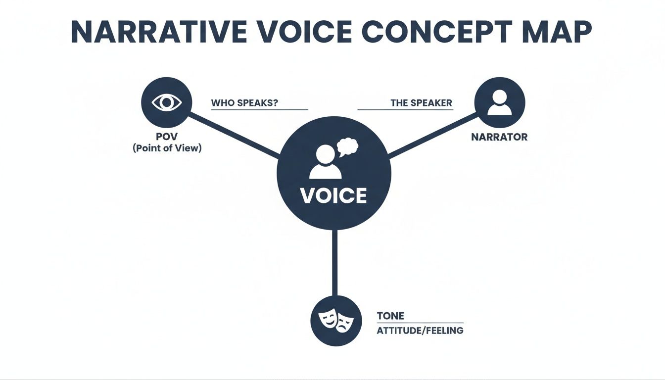 A narrative voice concept map showing Voice connected to POV, Narrator, and Tone.