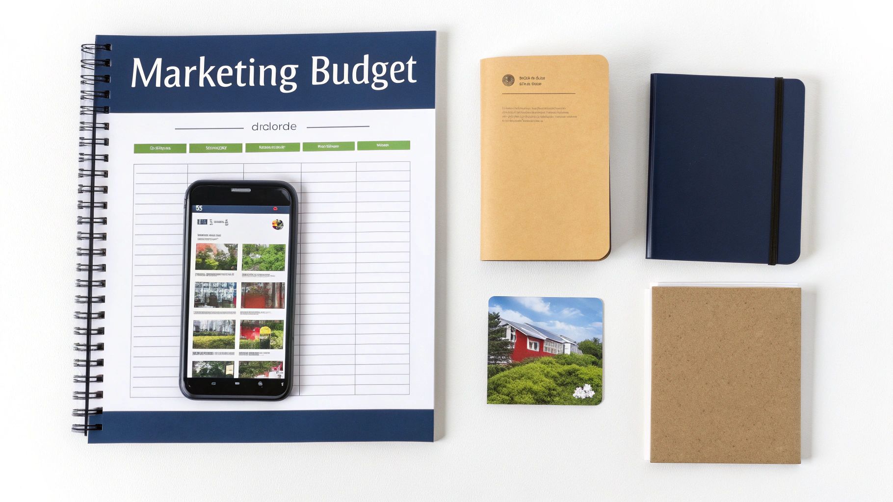 A flat lay of office supplies: a 'Marketing Budget' notebook, smartphone, and various journals.