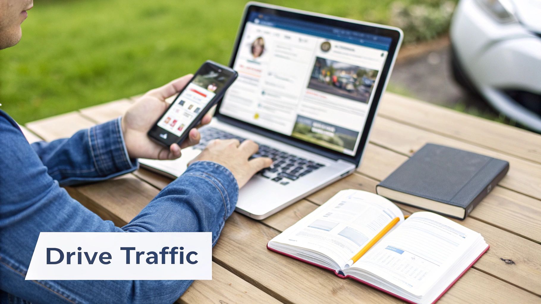 Person simultaneously using a laptop and smartphone outdoors for digital marketing and online presence.