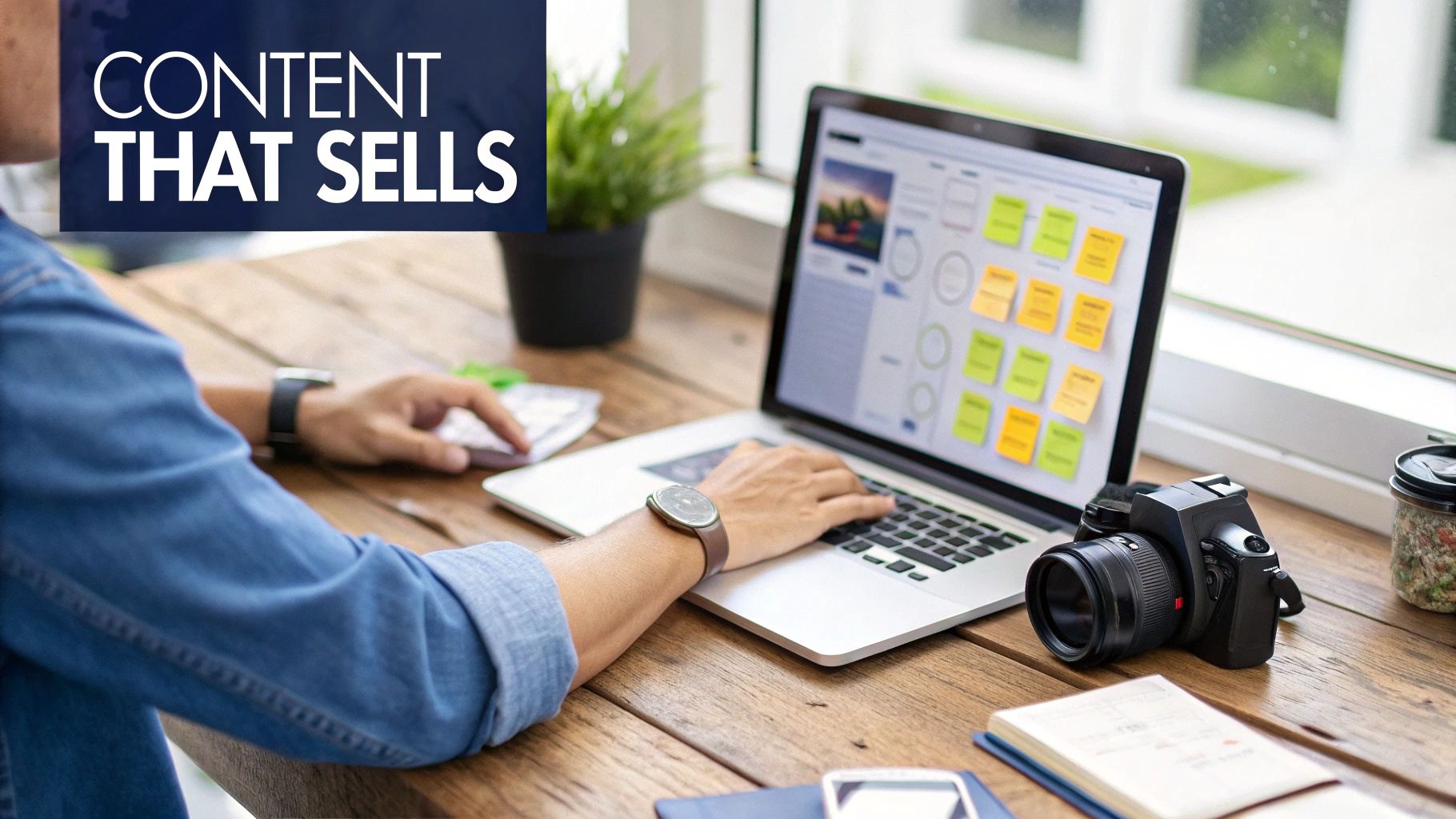 Person working on a laptop with content planning, a camera, and a notebook on a wooden desk.