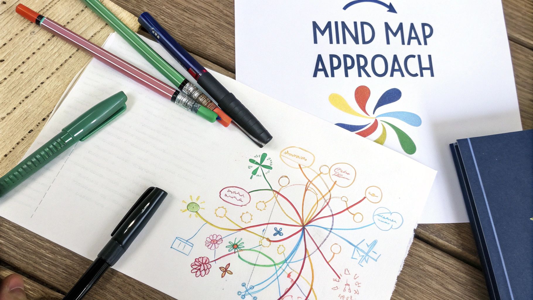 A mind map for a book outline, showing a central idea with branches for characters, plot points, themes, and setting.