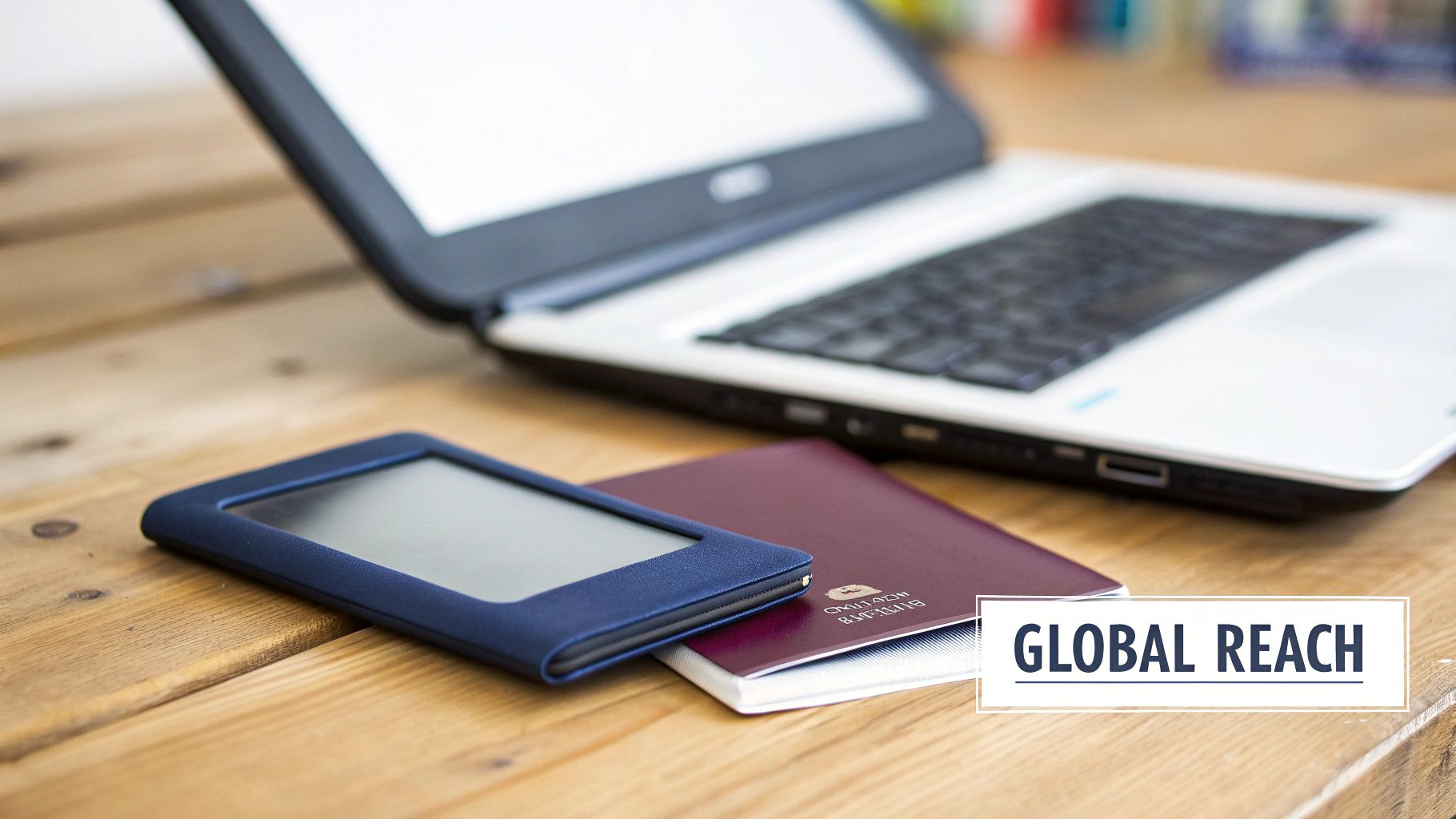 A laptop, an e-reader, and a passport resting on a wooden table, symbolizing global reach.