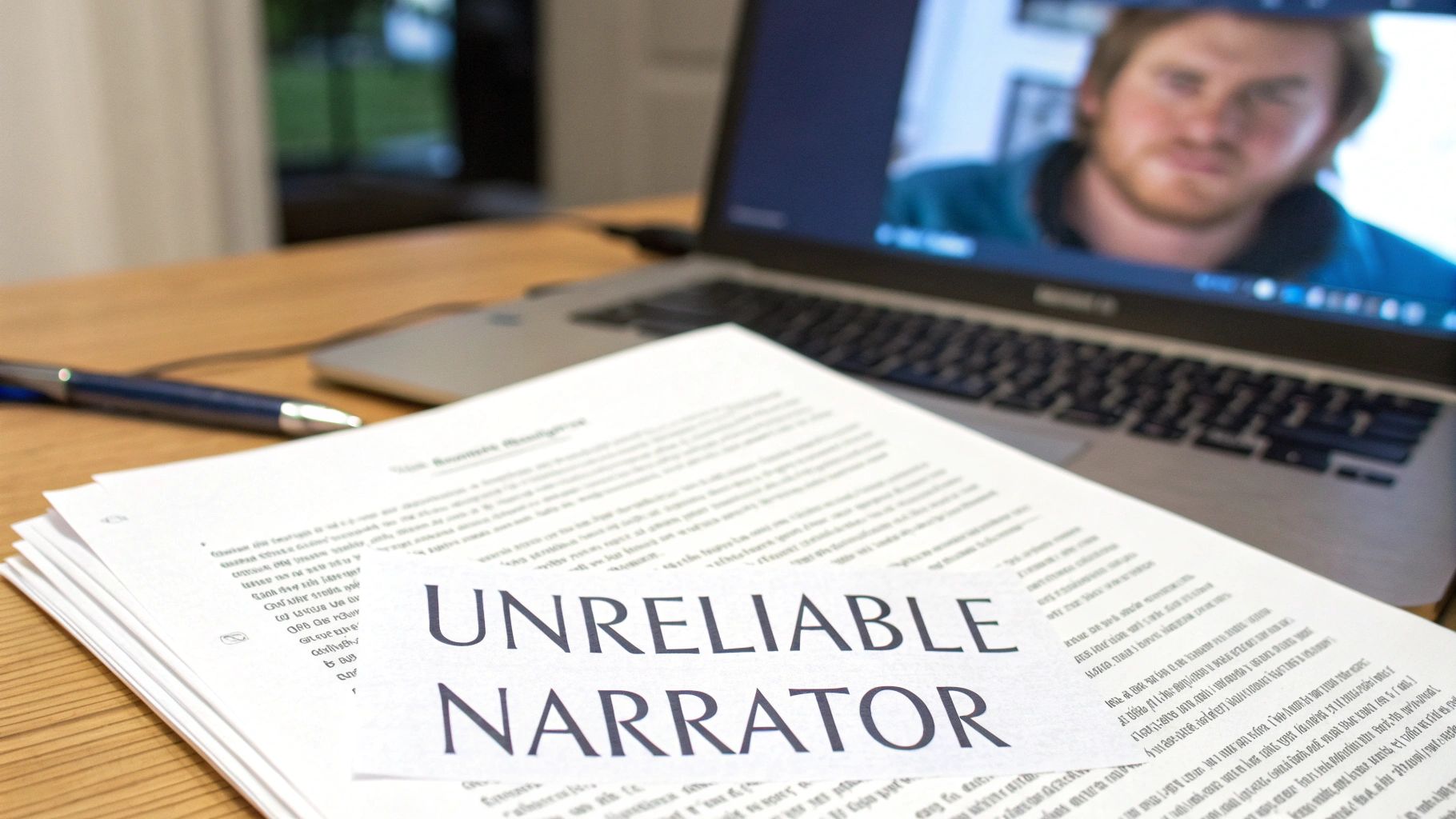 A stack of papers with 'UNRELIABLE NARRATOR' printed, next to a pen and a laptop displaying a man's face.