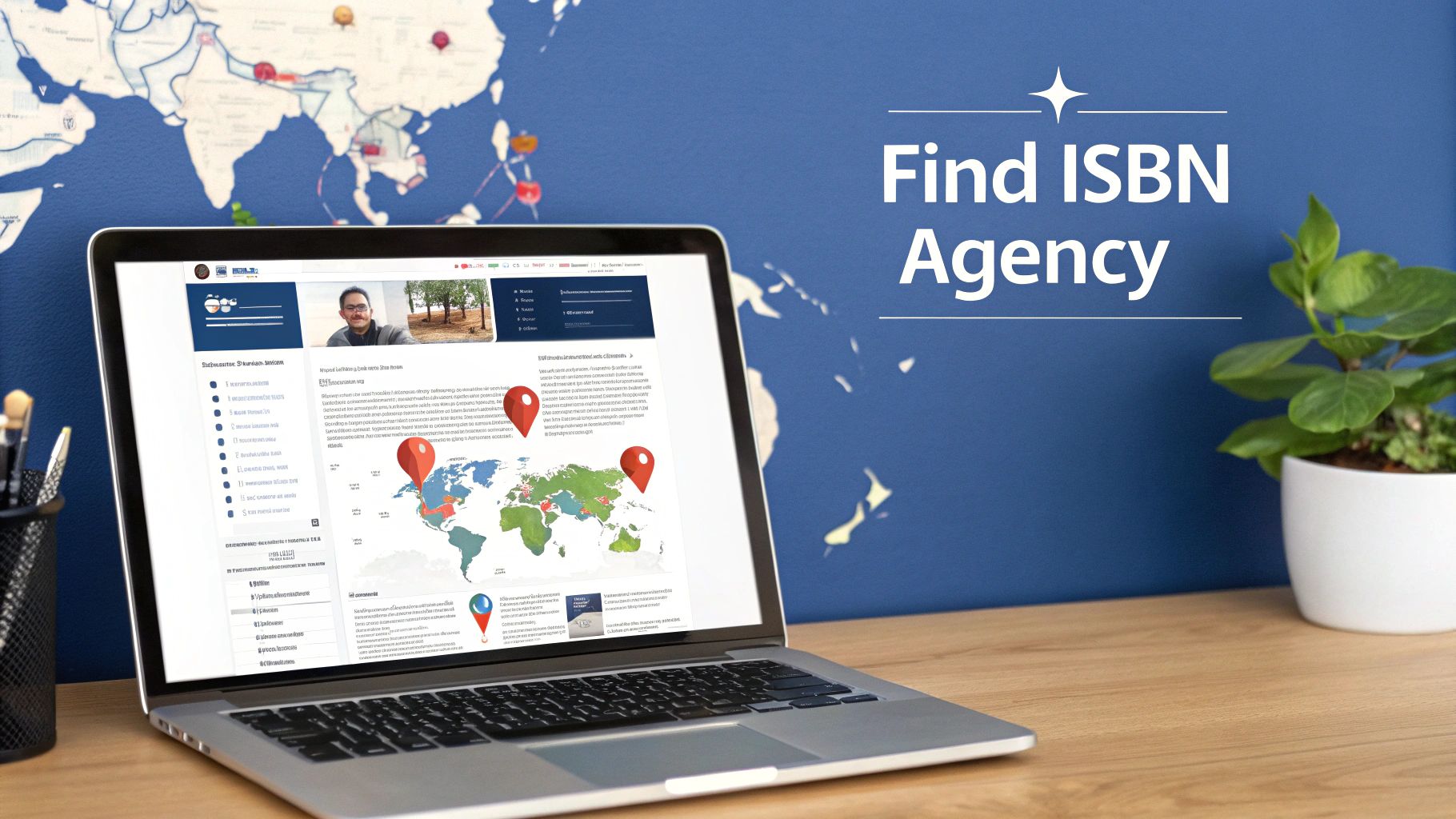 A laptop screen showing a world map with pins, beside text 'Find ISBN Agency' on a blue wall.