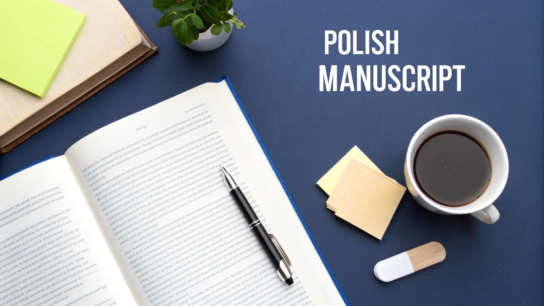 Flat lay of an open Polish manuscript with a pen, coffee, and sticky notes on a dark blue desk.