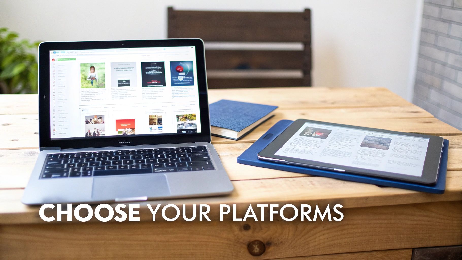 A laptop and a tablet displaying content on a wooden desk, symbolizing different digital platforms.