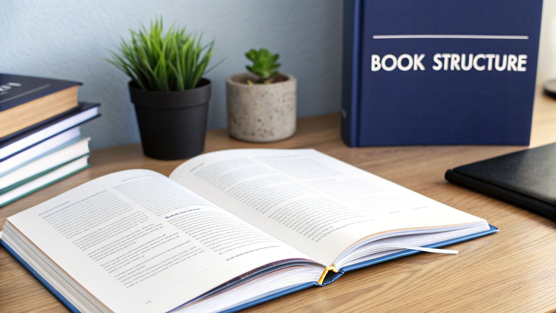Desk scene with an open book, stacked books, green plants, and a book titled 'BOOK STRUCTURE'.