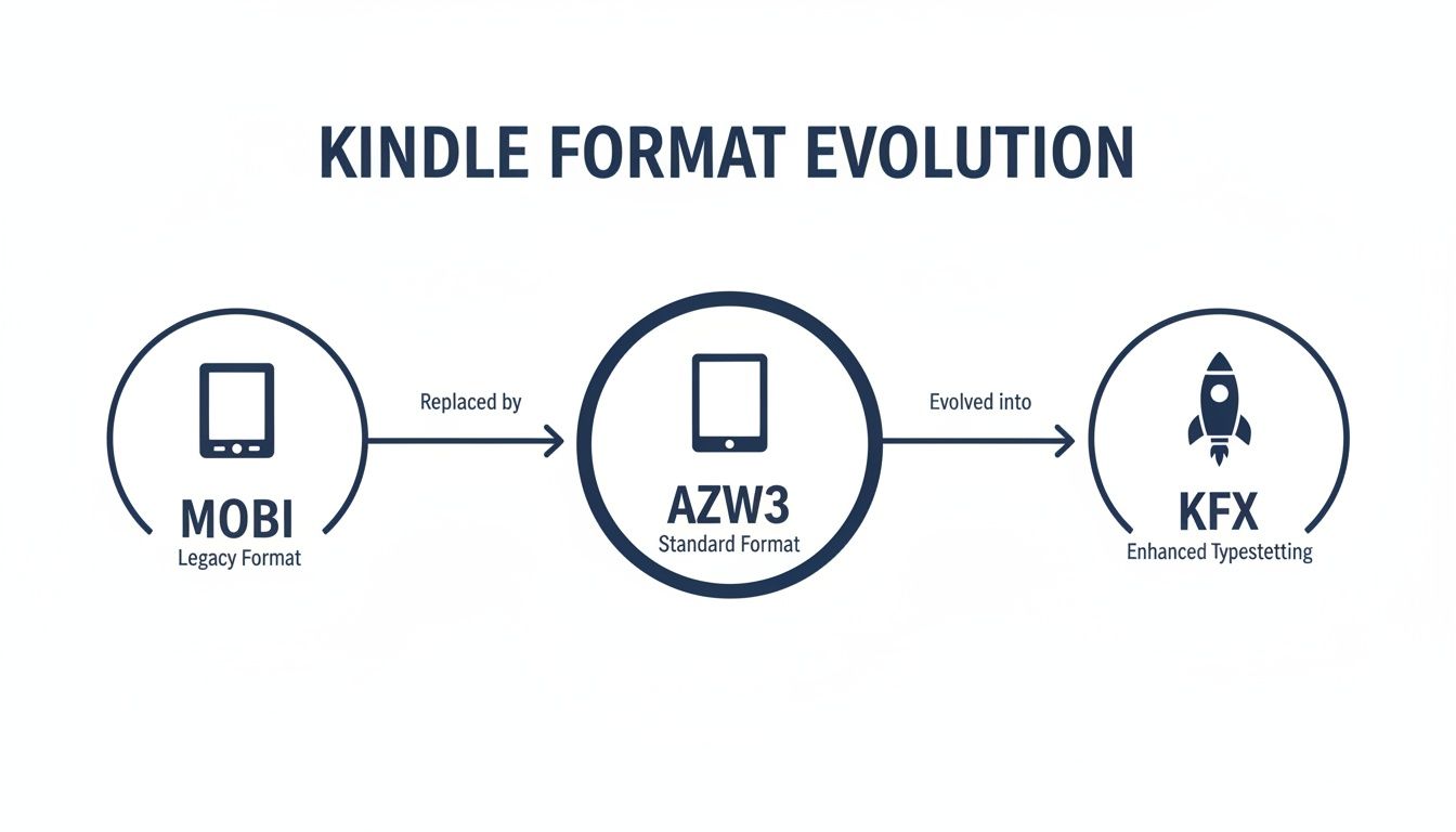 Diagram showing the evolution of Kindle ebook formats: MOBI, AZW3, and KFX.