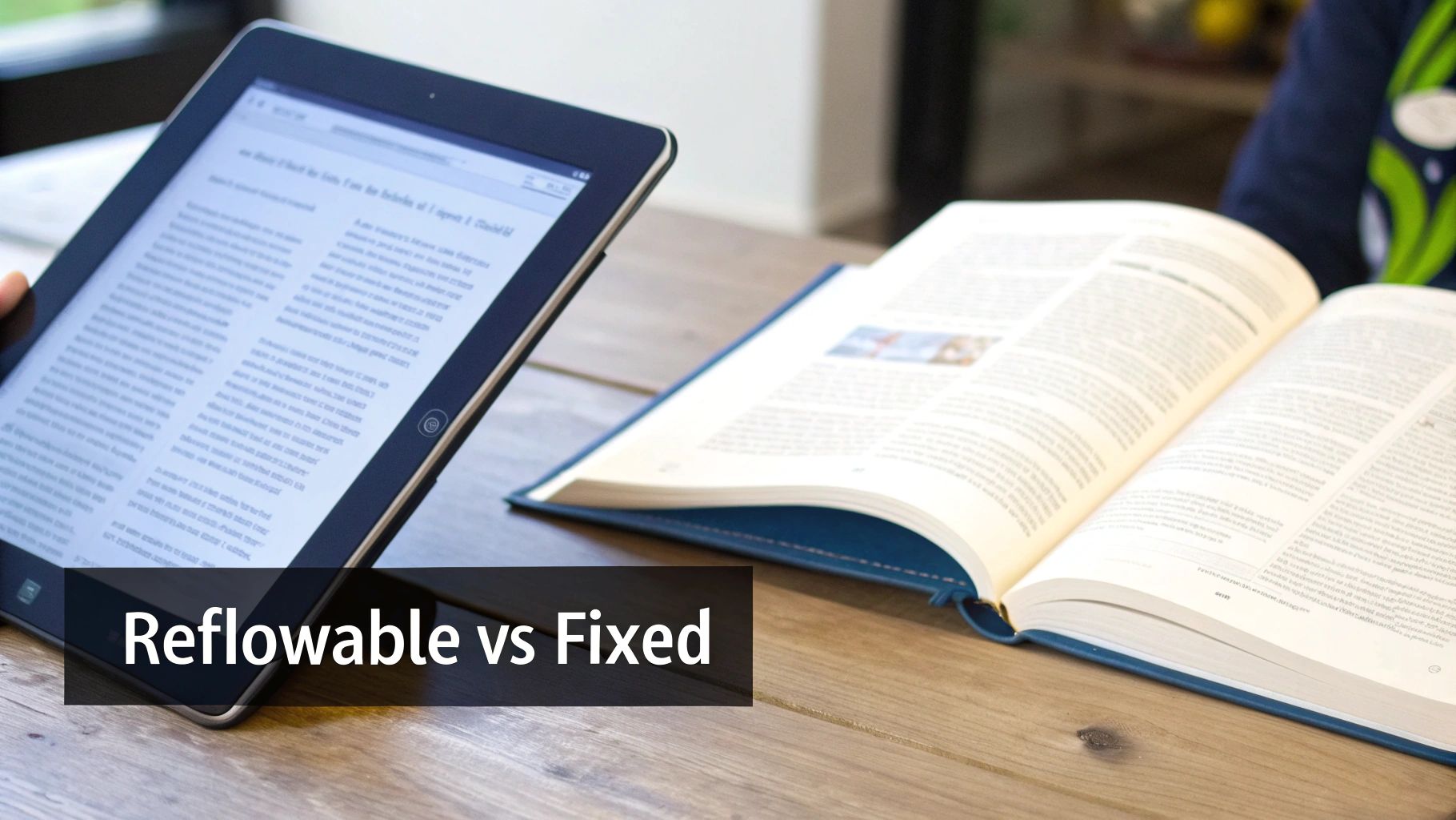 A digital tablet displaying an ebook next to an open traditional book on a wooden table.