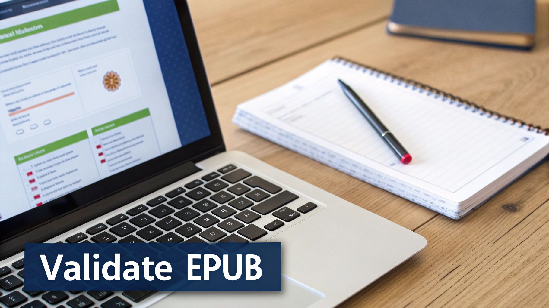 Laptop, notebook, and pen on a wooden desk with 'Validate EPUB' text overlay.