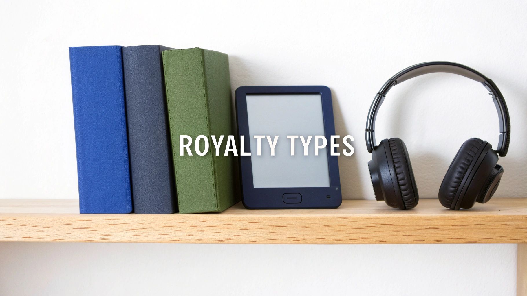 Illustration of different book formats—hardcover, paperback, ebook, audiobook—each with a royalty percentage icon.