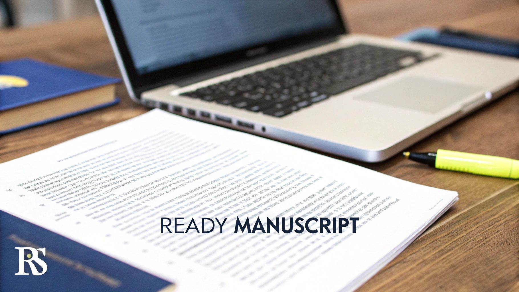 A close-up of a laptop, books, and a document with 'READY MANUSCRIPT' on a wooden desk.