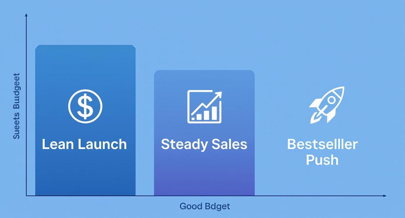 Bar chart illustrating three book launch strategies: Lean Launch (highest budget), Steady Sales (medium), Bestseller Push (lowest budget).
