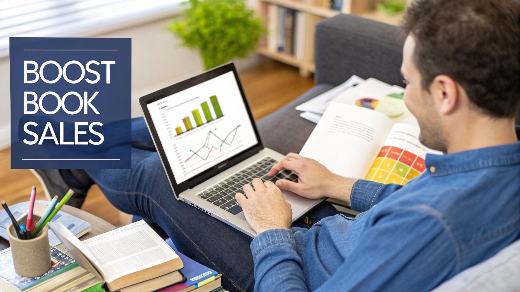 A digital marketing dashboard on a laptop screen showing successful book sales and ad campaign results.