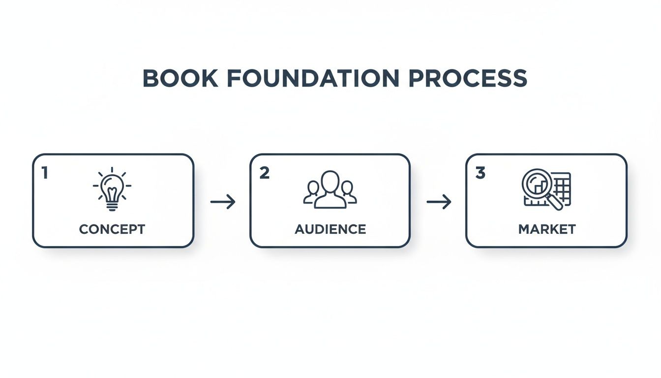 A diagram illustrating the three key steps in the book foundation process: concept, audience, and market.
