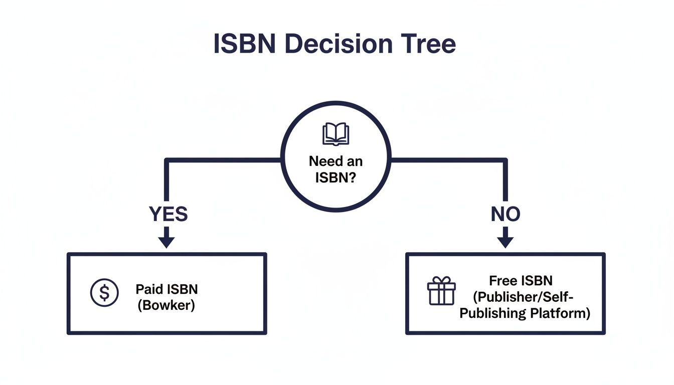 ISBN Decision Tree flowchart illustrating choices for acquiring an ISBN: paid via Bowker or free from a platform.