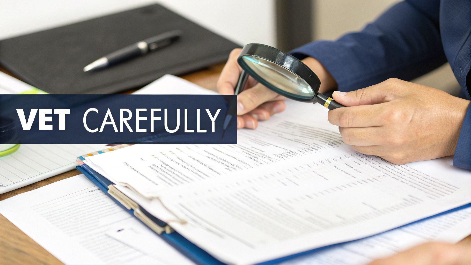 A person uses a magnifying glass to carefully vet documents, with the overlay text 'VET CAREFULLY'.