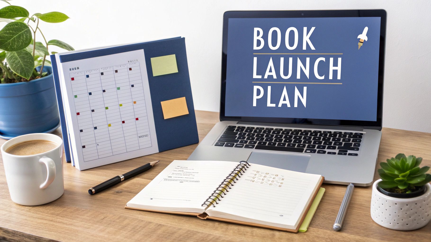 A desk with a laptop displaying 'Book Launch Plan', a calendar, notebook, coffee, and plants.