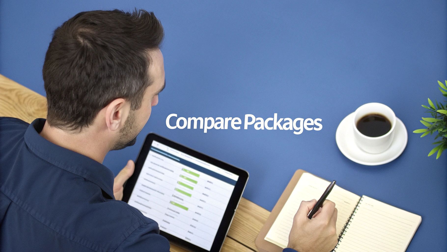 Overhead shot of a man comparing packages on a tablet and writing notes, with coffee and a plant on a blue desk.