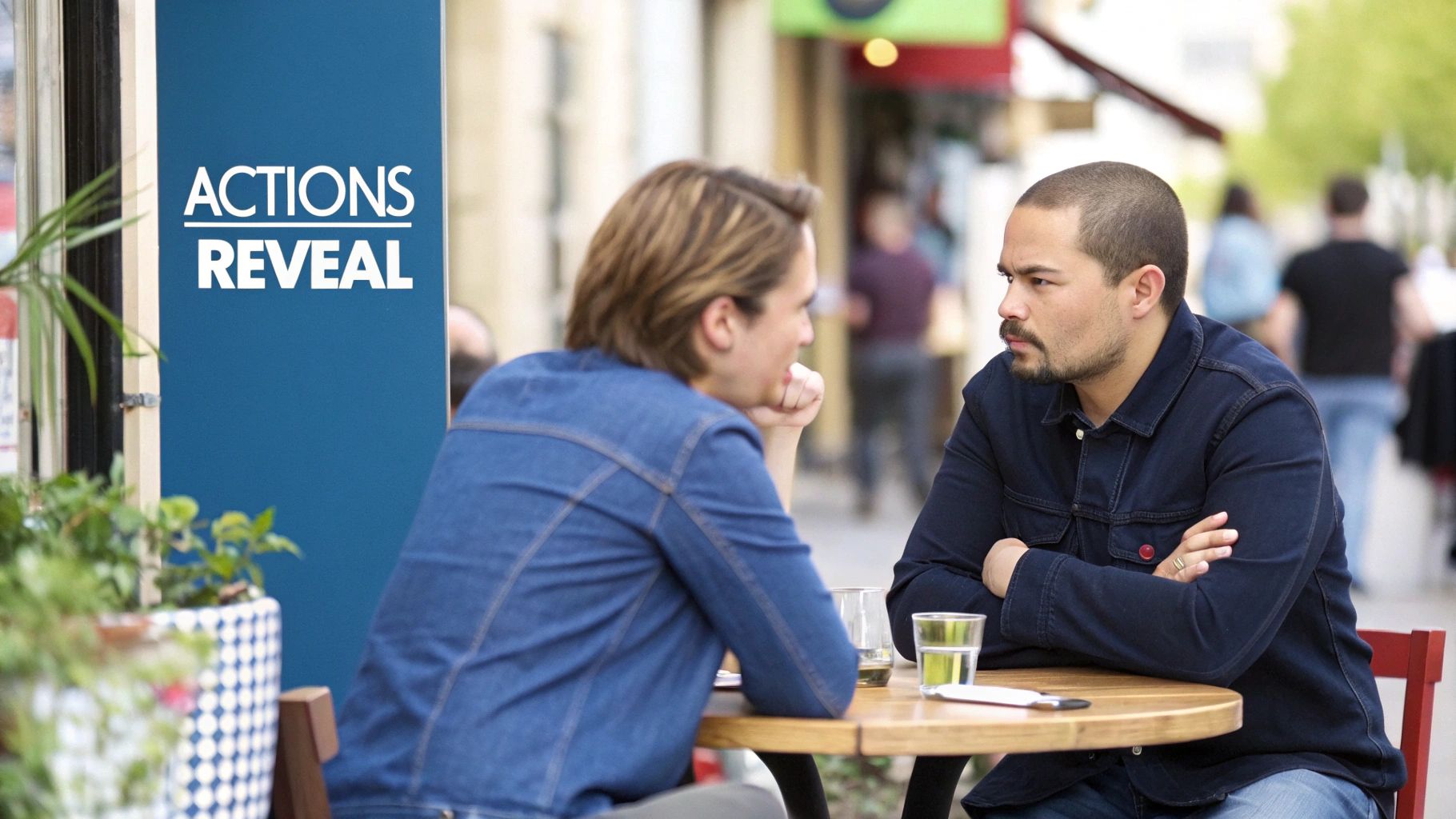 Two men in denim shirts engage in a serious conversation at an outdoor cafe, near an 'ACTIONS REVEAL' sign.