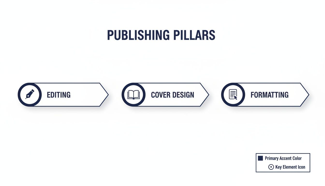 An infographic illustrating the three publishing pillars: editing, cover design, and formatting, with corresponding icons.