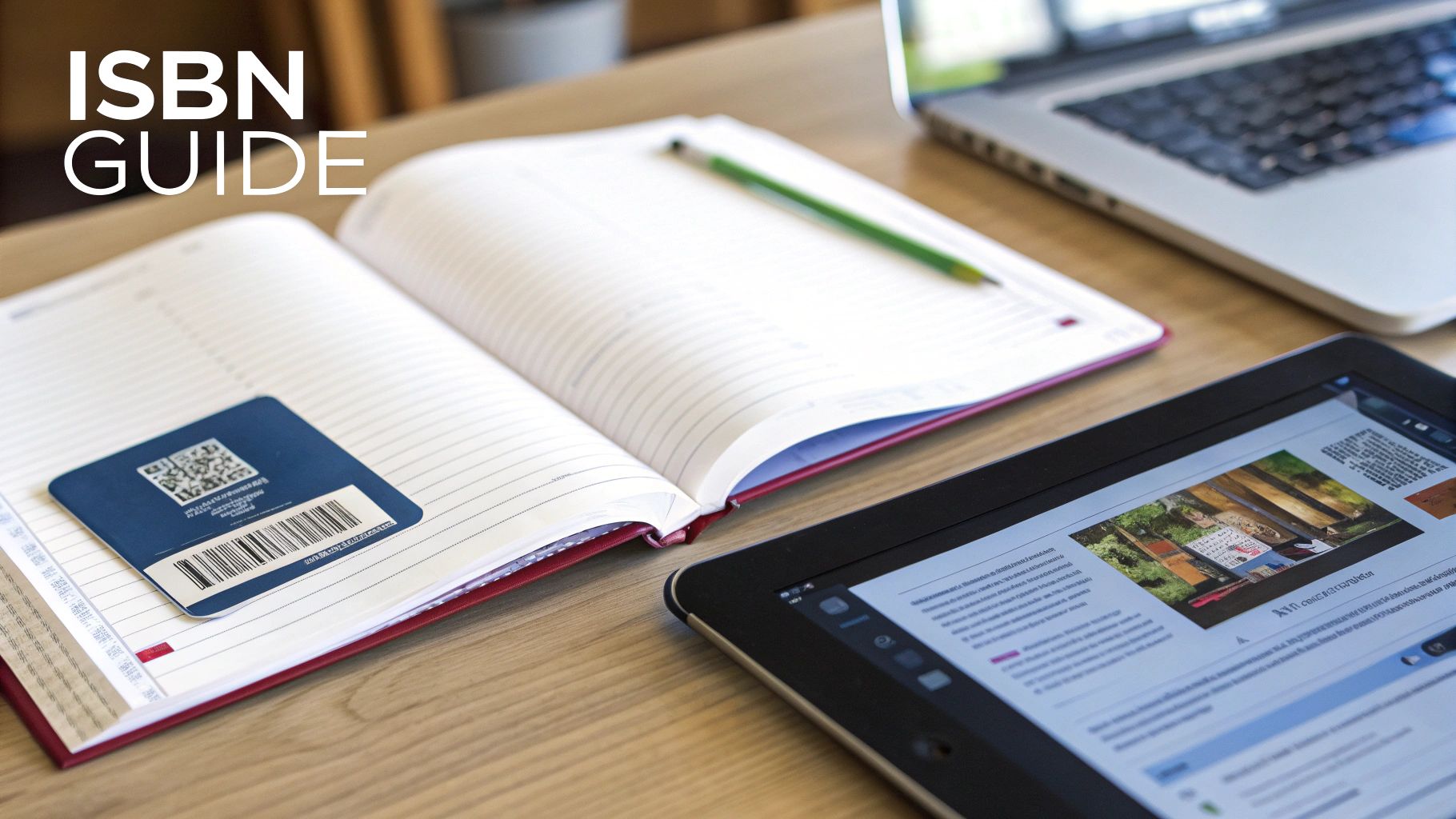 A workspace with an open notebook, green pencil, tablet, laptop, and a blue card with an ISBN barcode.