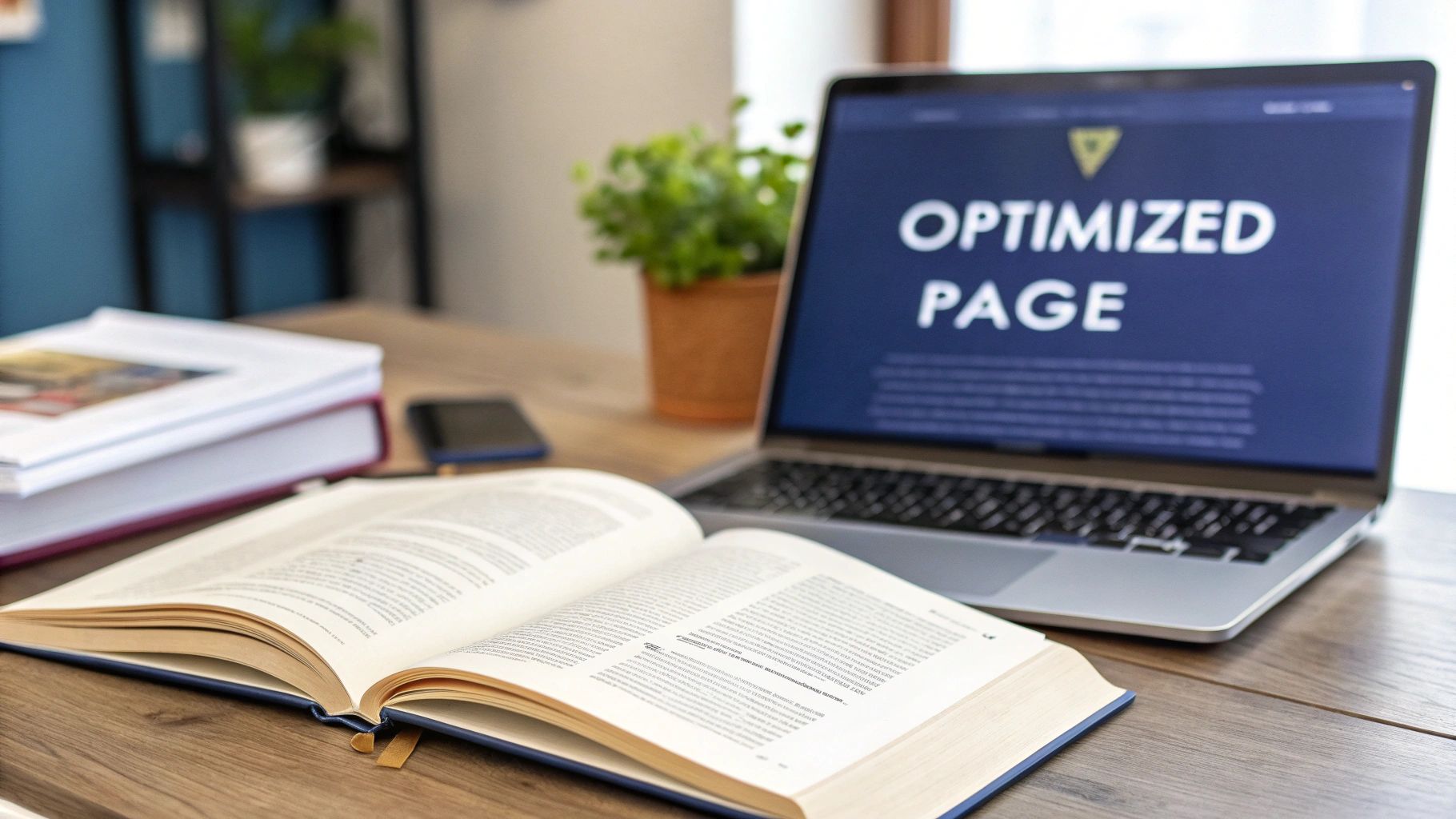 A desk with an open book and a laptop displaying 'OPTIMIZED PAGE', suggesting online learning or book promotion.