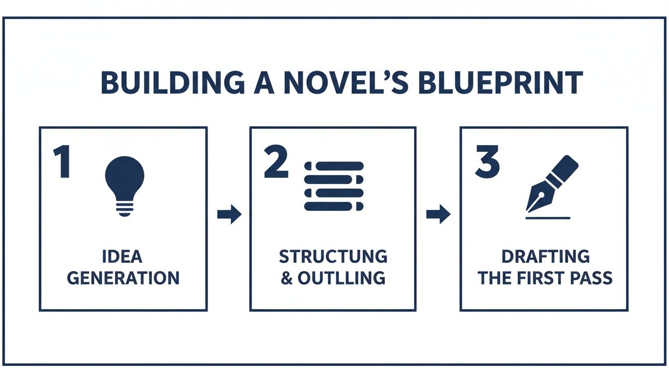 A three-step infographic outlining the process of building a novel's blueprint, from idea generation to drafting.