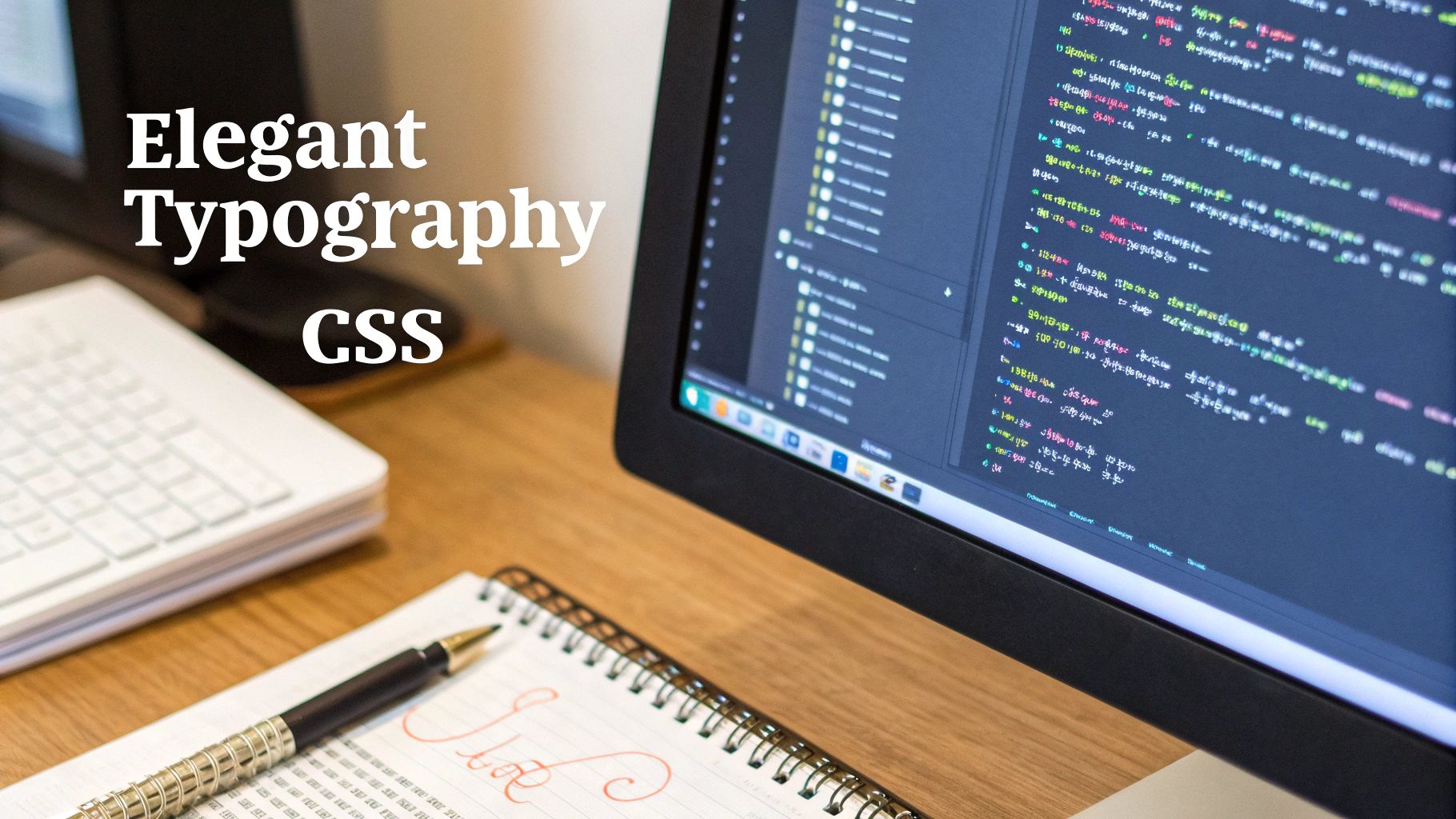 A desk with a computer displaying CSS code, a keyboard, and a notebook with text Elegant Typography CSS.