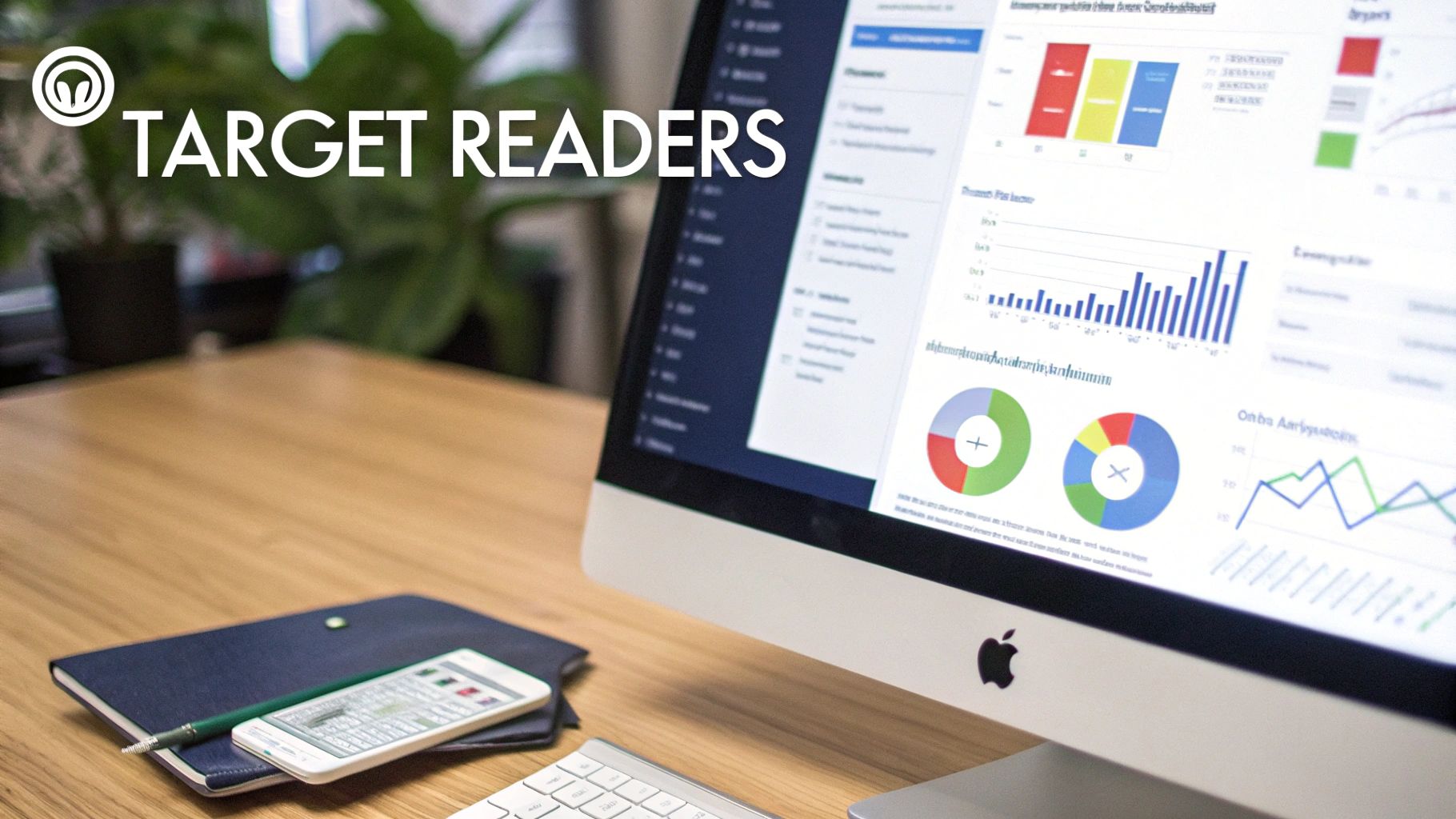 A computer monitor shows colorful data analytics charts and graphs, with a notebook and phone on a desk.