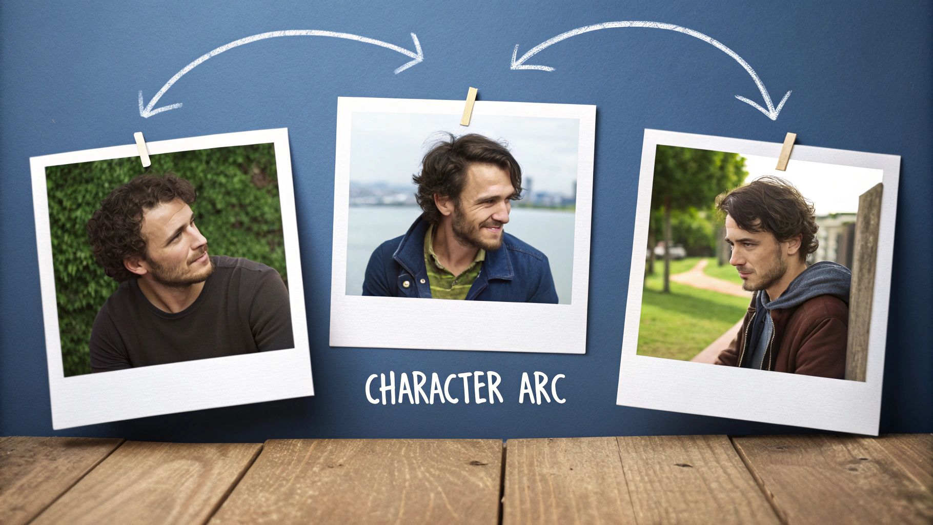 Three polaroid photos on a blue wall depict a man's changing appearance, illustrating a character arc.
